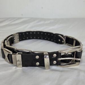 Nanni Men's Black and Silver Metal Leather Belt Made In Italy